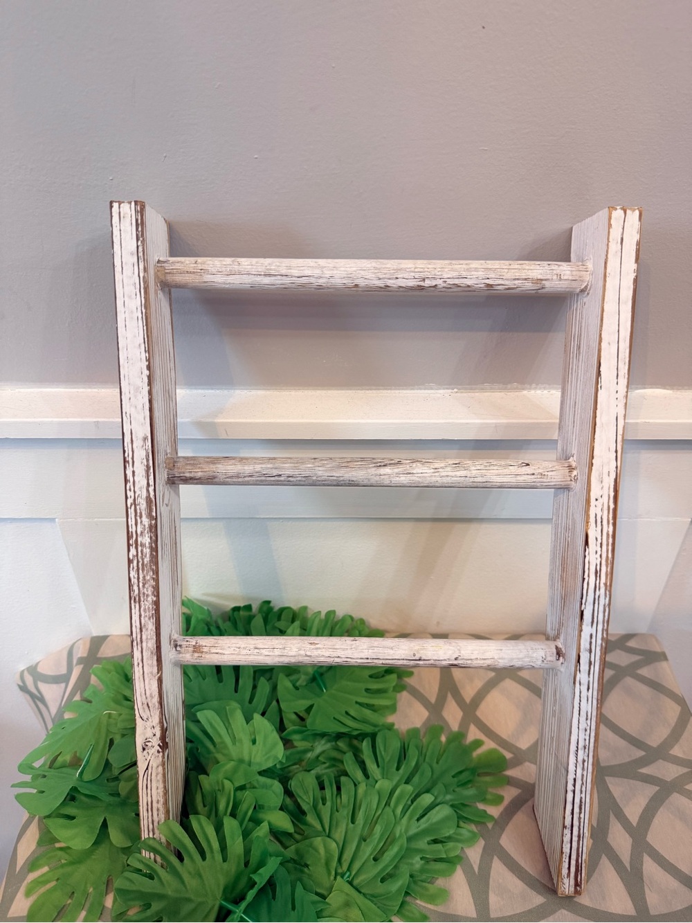 • Rustic White Wooden Ladder Shelf - Home Wall Decor